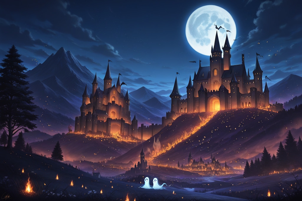 【 Night Demon Ghost Ancient Castle Moon　】