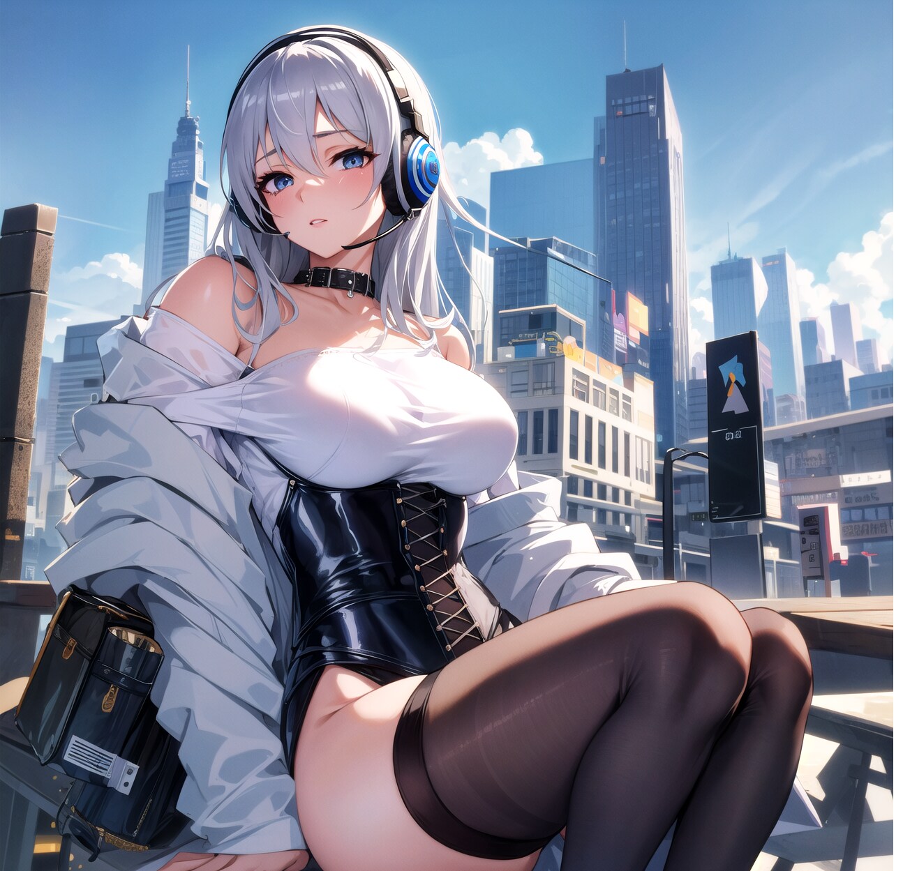 青空の下の銀髪美女