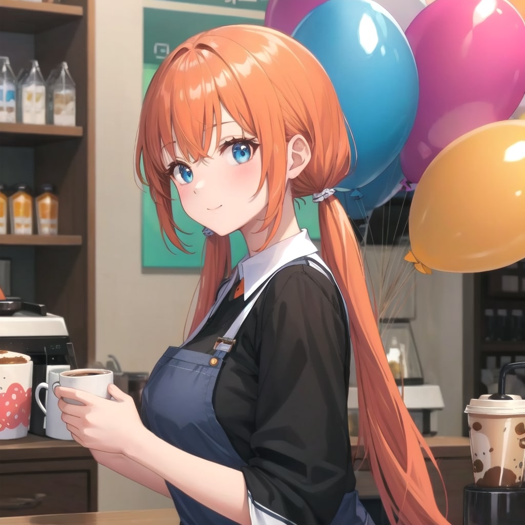 いっぱい色とりどりの風船を持つオレンジ髪ツインテールの喫茶店の美女店員さん