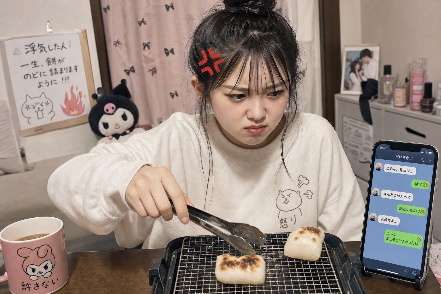 餅を焼きながらヤキモチをやく少女
