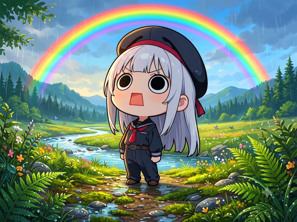 虹を見上げるえらいこっちゃ嬢