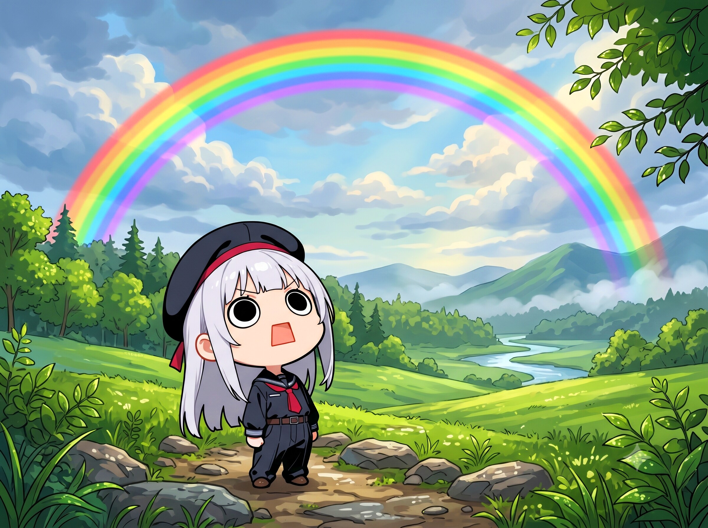 虹を見上げるえらいこっちゃ嬢