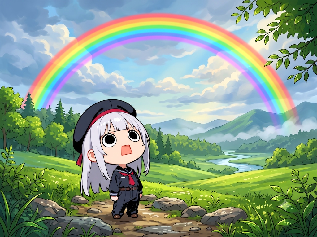 虹を見上げるえらいこっちゃ嬢