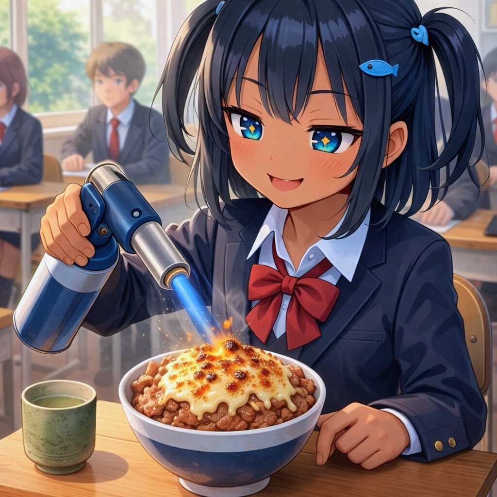 チーズ牛丼を炙るこなつちゃん