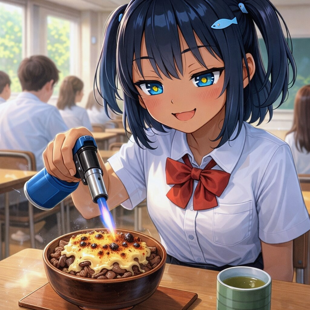 チーズ牛丼を炙るこなつちゃん