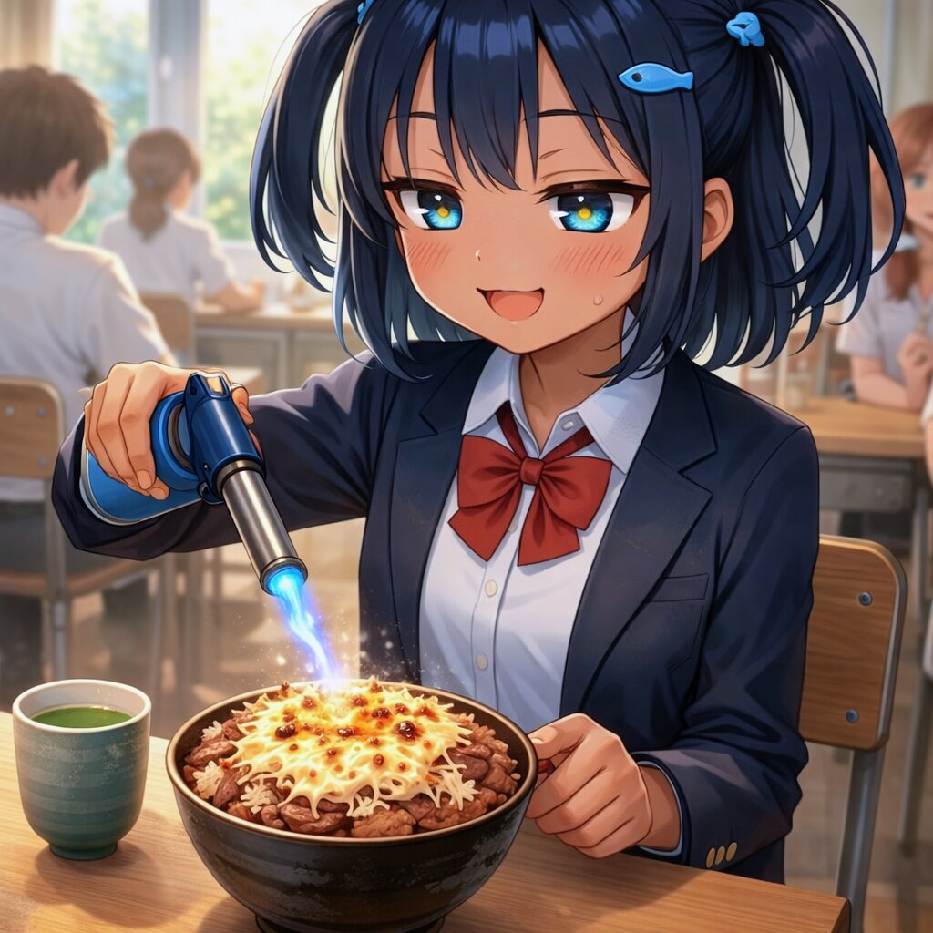 チーズ牛丼を炙るこなつちゃん