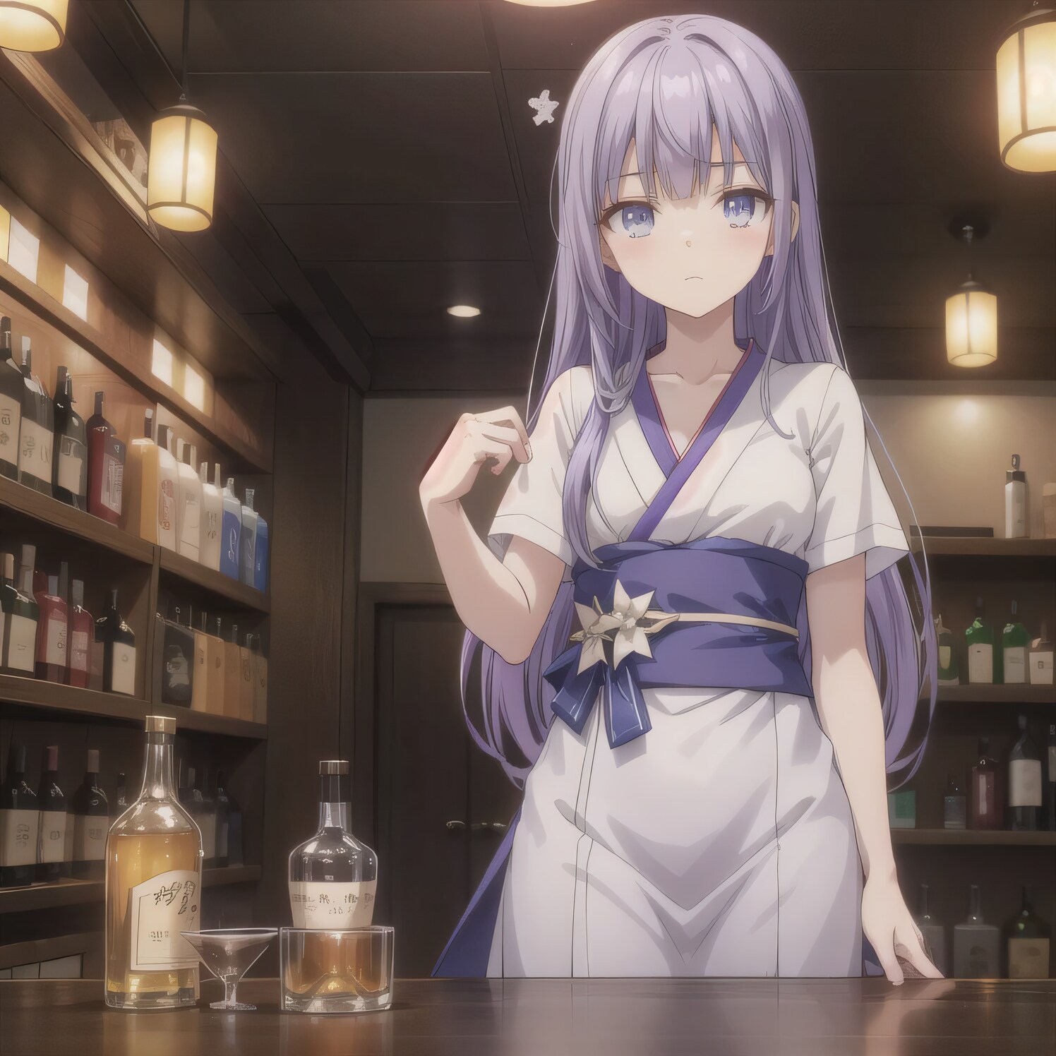 紫髪ロングで酒場の少女 | の人気AIイラスト・グラビア