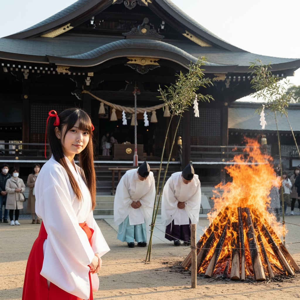 黒ツイさん。巫女。左義長