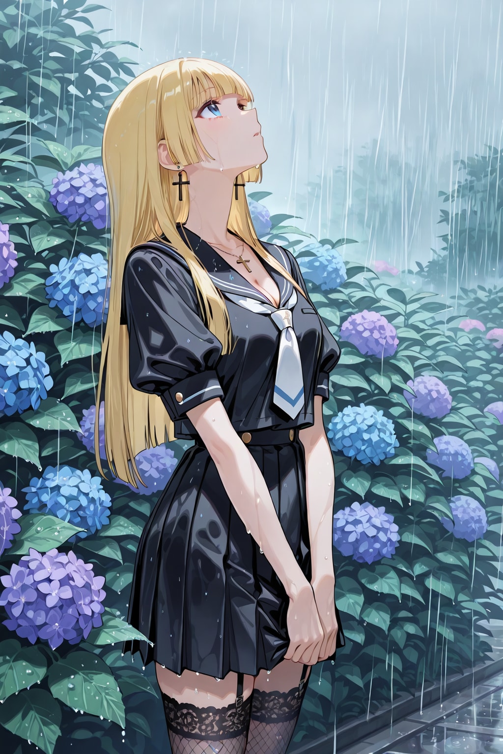 紫陽花で満たされた、雨の降る庭で