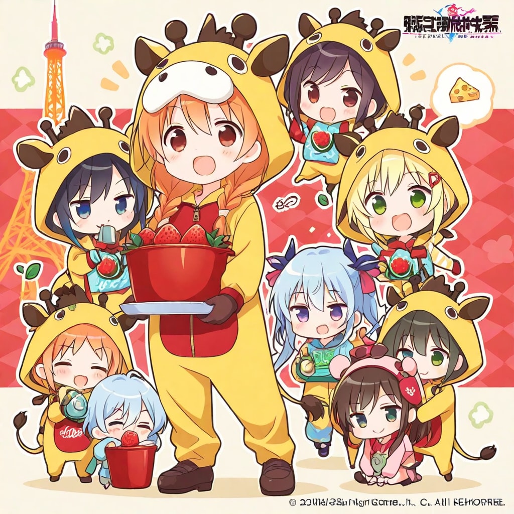 市場で働く仲間たちキリン着ぐるみちび子ちゃん