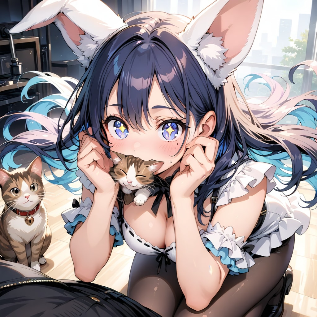 おはうさーしたいのに、お母さん猫みたいに、子猫を咥えちゃった、うさ耳あい。