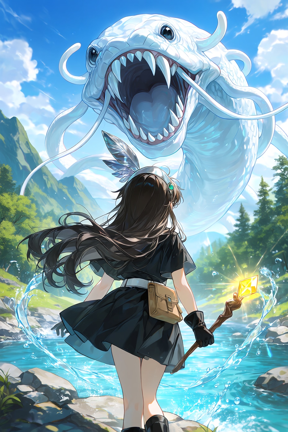 川の周辺を調査しにきたら大物と鉢合わせた魔法使いちゃん