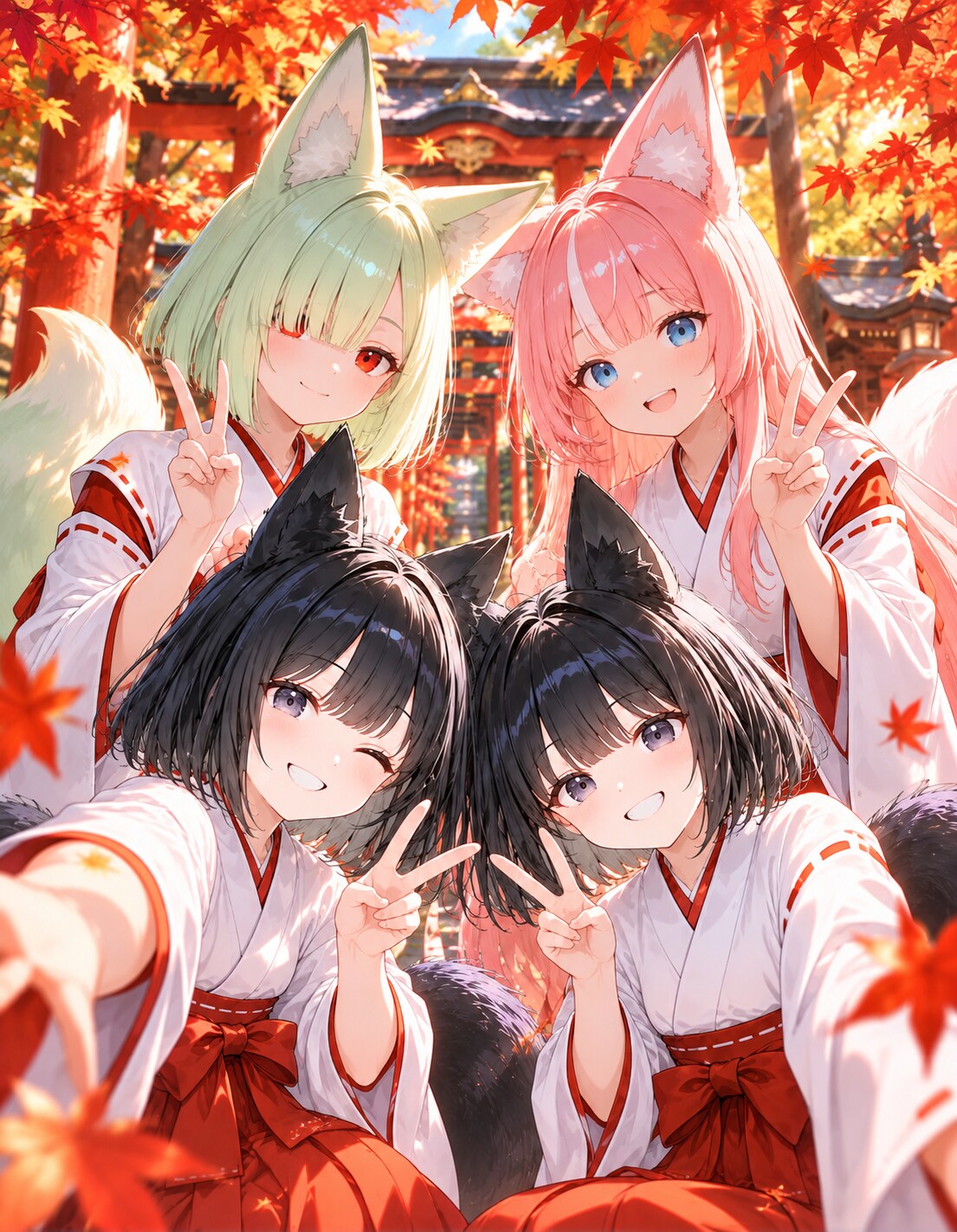 秋を彩る四人の狐巫女🍁 | の人気AIイラスト・グラビア