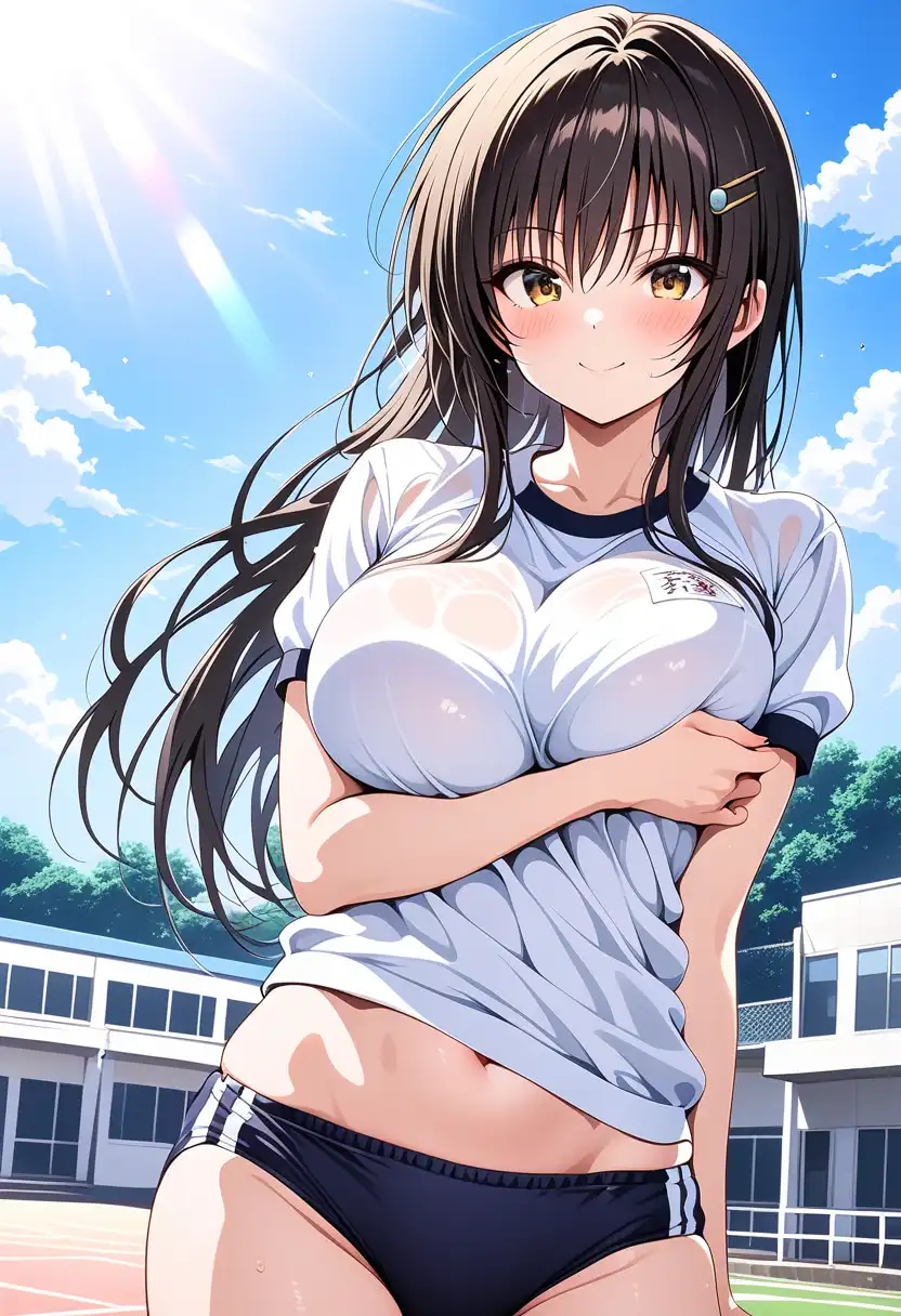 体操服＋黒ブルマ姿の古手川唯、ブルマ1枚姿、全裸でアソコ隠し