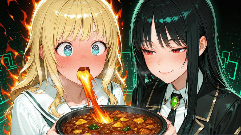 カレーのあまりの辛さに火を吹くちちぷいちゃんとその可愛らしさに興奮するししょちゃん (GPU学園)