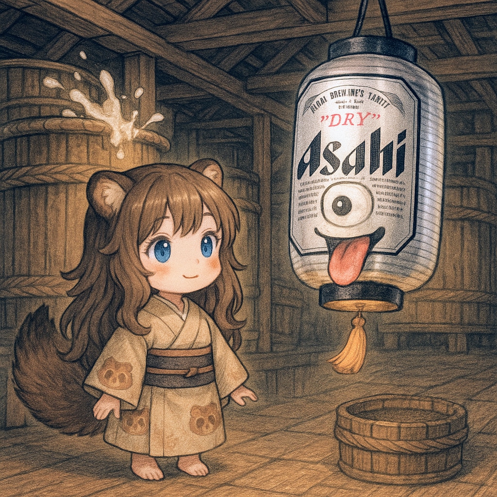 豆狸の小さな女の子と提灯オバケのビール缶