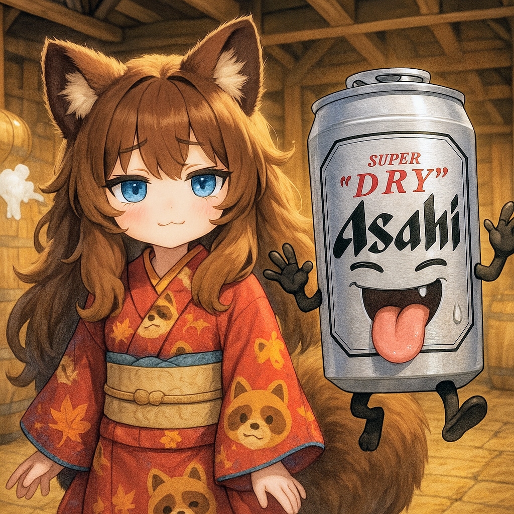 豆狸の小さな女の子と提灯オバケのビール缶
