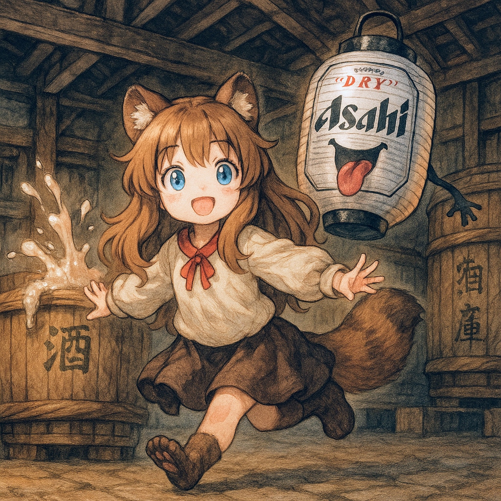 豆狸の小さな女の子と提灯オバケのビール缶