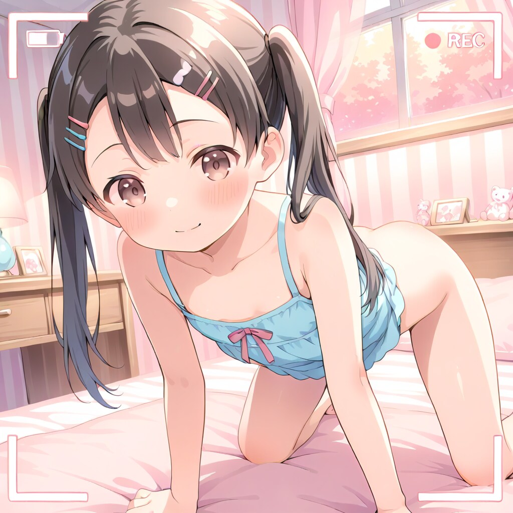 ベッドの上の可愛いツインテロリ