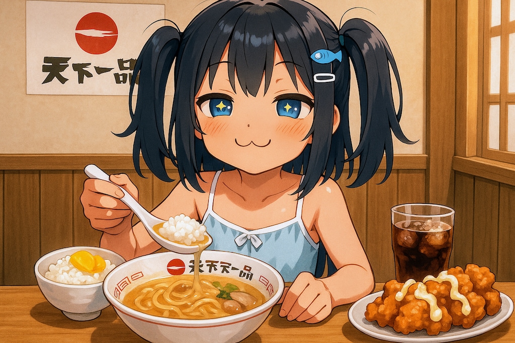 天一でこってりのラーメンライスを食べるこなつちゃん