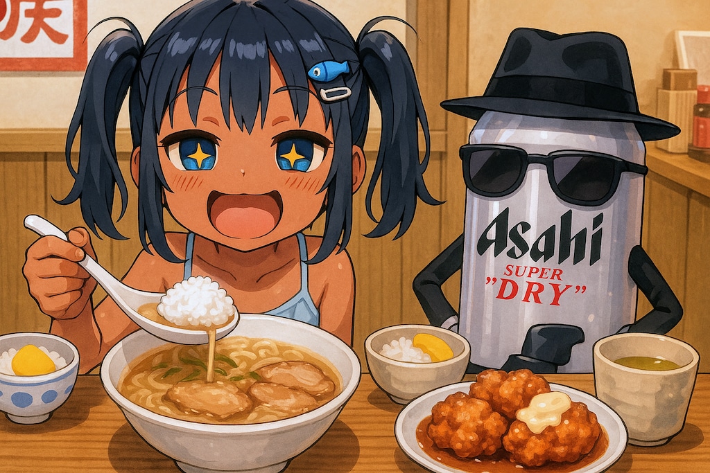 天一でこってりのラーメンライスを食べるこなつちゃん