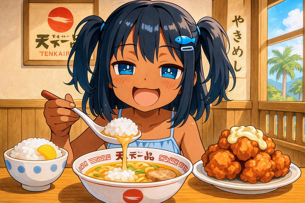 天一でこってりのラーメンライスを食べるこなつちゃん