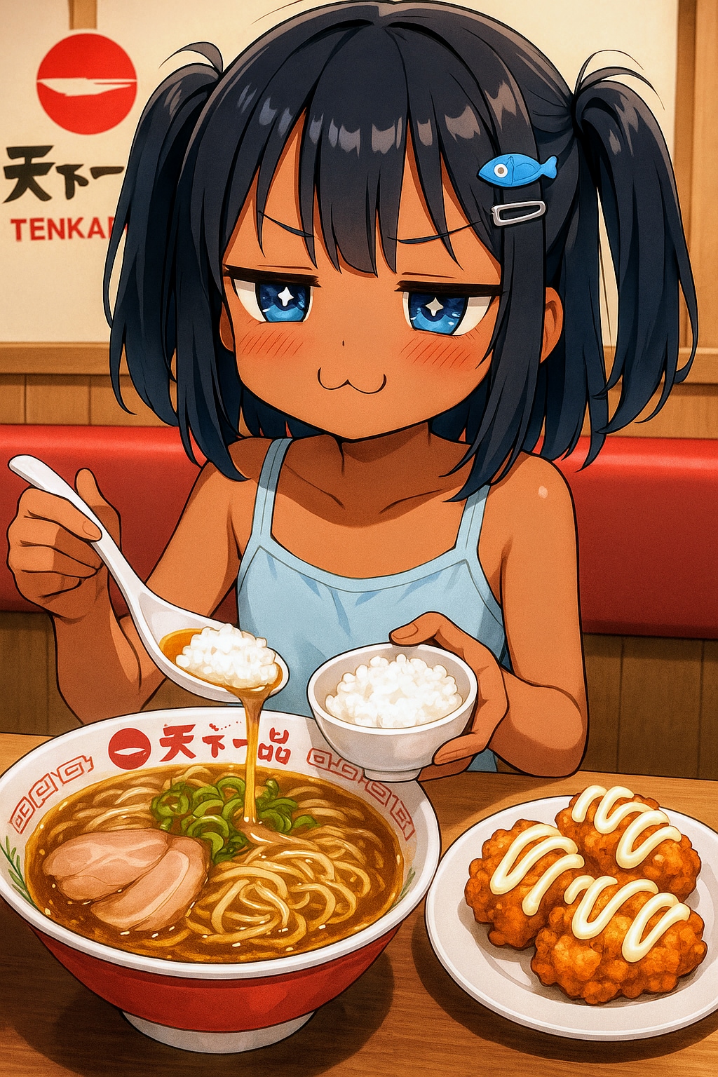 天一でこってりのラーメンライスを食べるこなつちゃん