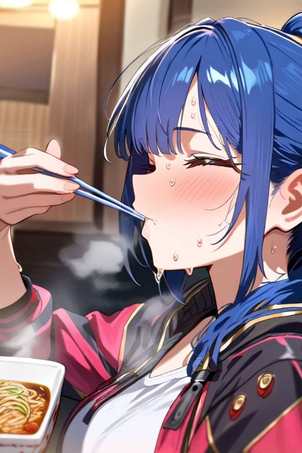 ラーメンを食べる青髪ちゃん