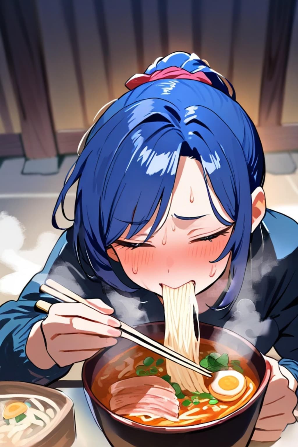 ラーメンを食べる青髪ちゃん