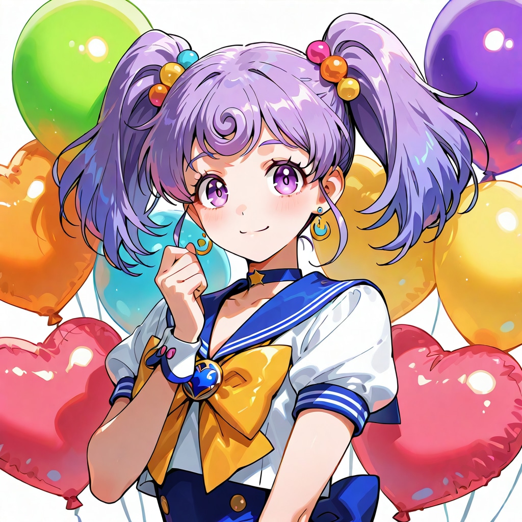 いっぱい色とりどりの風船を持つ紫髪ツインテールのセーラー服着た美少女