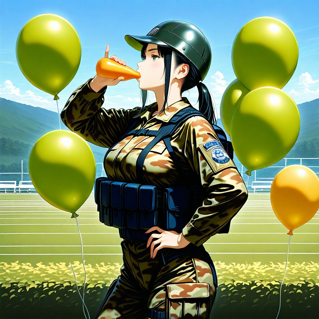 軍事基地で風船を膨らませて遊ぶ迷彩服の美女