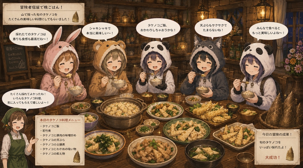【All0511c】旬の竹の子が沢山採れたので冒険者宿屋で竹の子料理を作ってもらって美味しく頂いた。（ChatGPT）