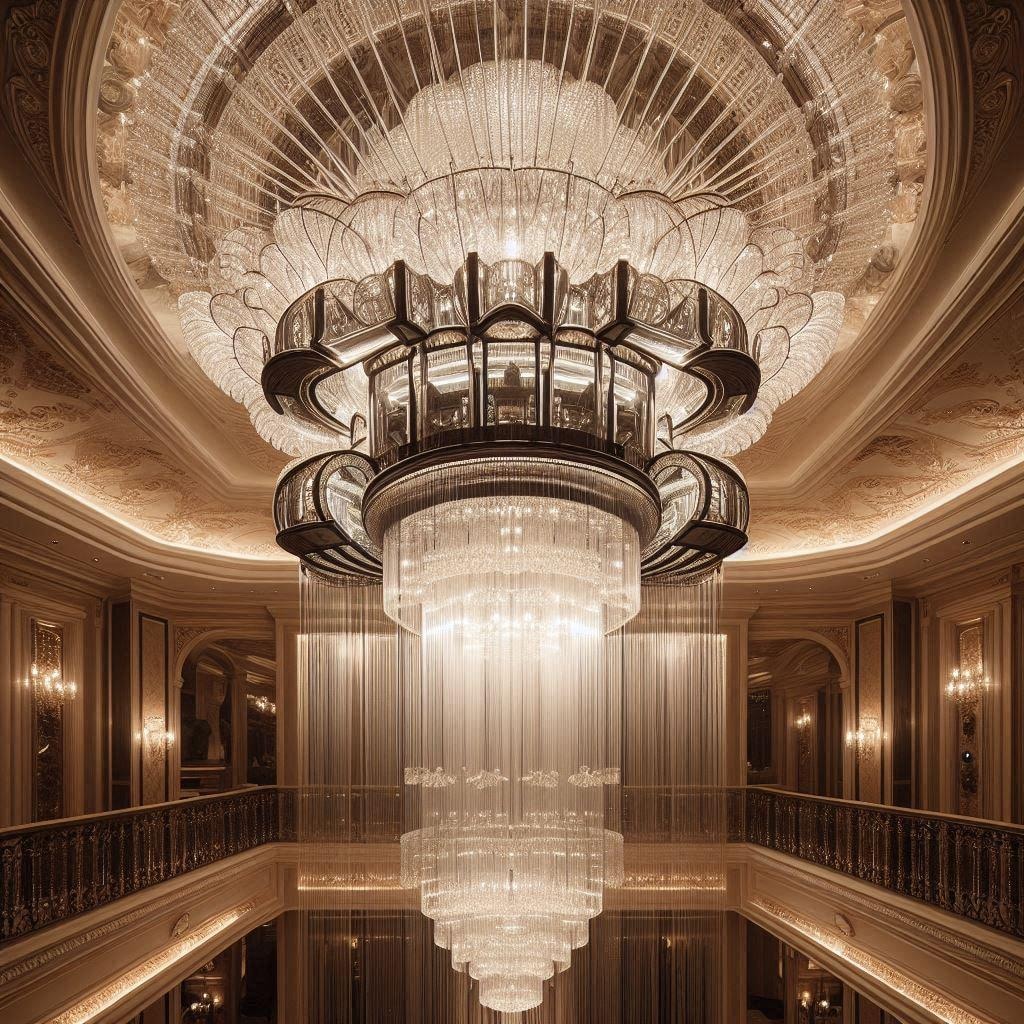 宇宙エレベーターのようなシャンデリアと宇宙ステーションのようなシャンデリアと、UFOのようなシャンデリア