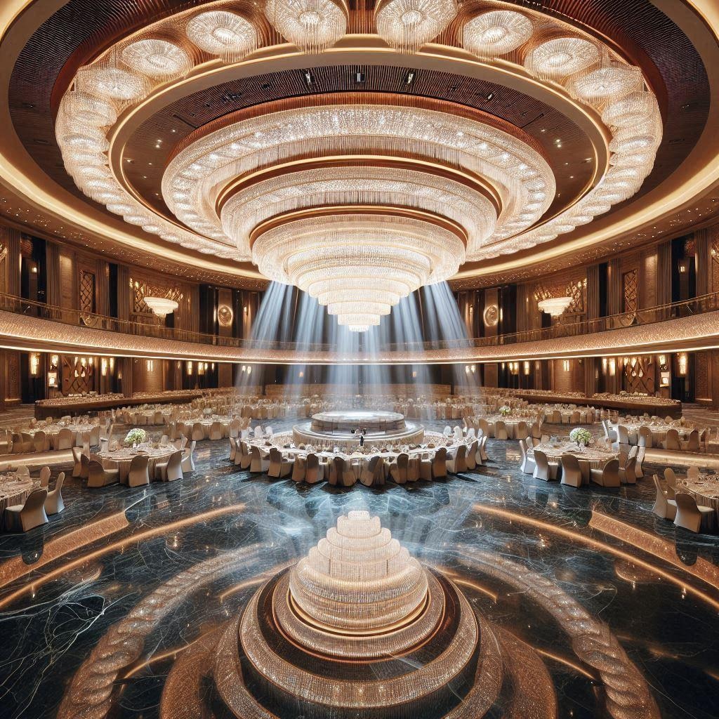 宇宙エレベーターのようなシャンデリアと宇宙ステーションのようなシャンデリアと、UFOのようなシャンデリア