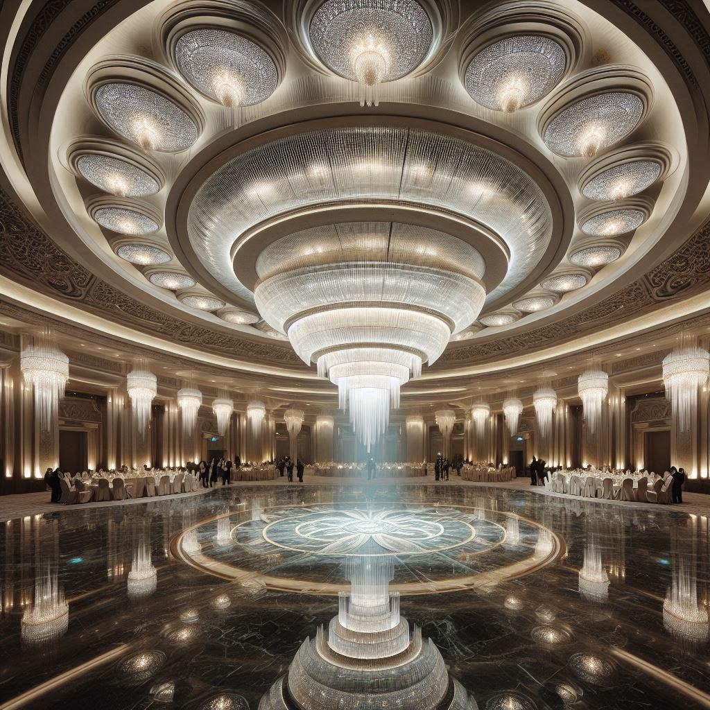 宇宙エレベーターのようなシャンデリアと宇宙ステーションのようなシャンデリアと、UFOのようなシャンデリア