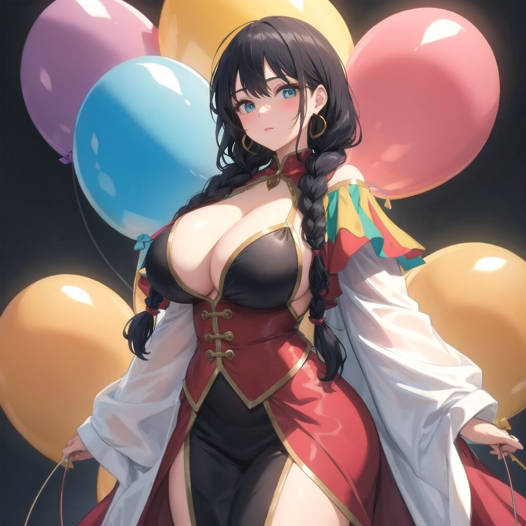 いっぱい色とりどりの風船を持つ黒髪三つ編みロングのサーカス団員の服着た美女