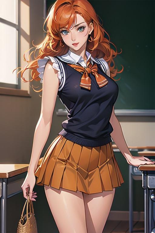 オレンジ髪ロングJK（女子高生）