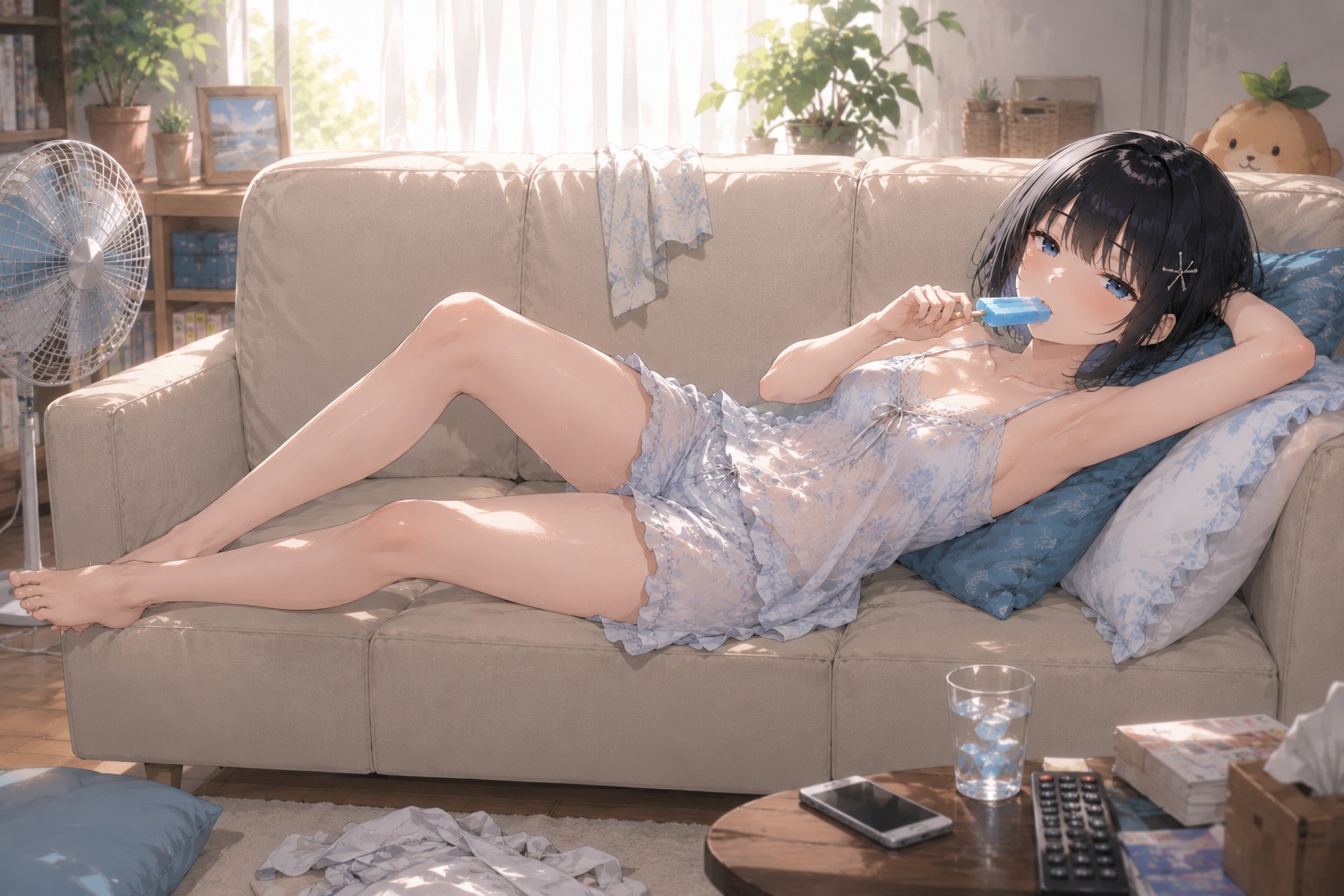 ソファでアイスを食べる楓ちゃん