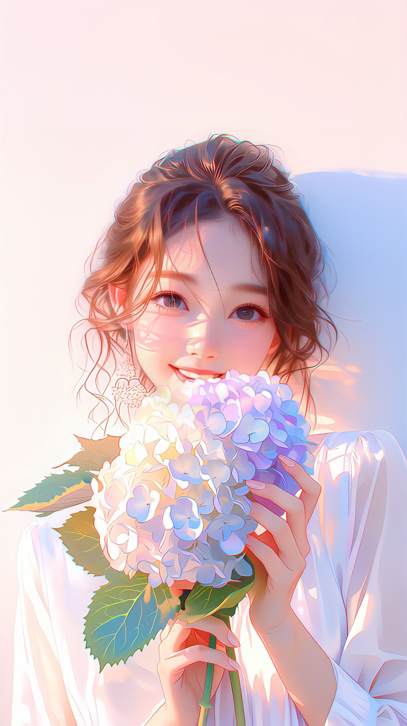 青い紫陽花を抱く彼女の幸せな瞬間