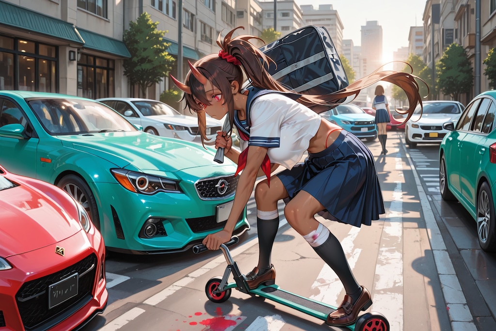 車社会でキックボードに乗って遊ぶ鬼の子