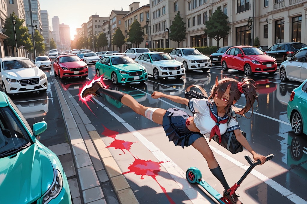 車社会でキックボードに乗って遊ぶ鬼の子
