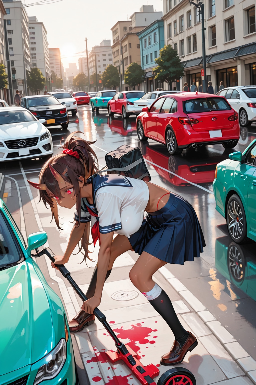 車社会でキックボードに乗って遊ぶ鬼の子