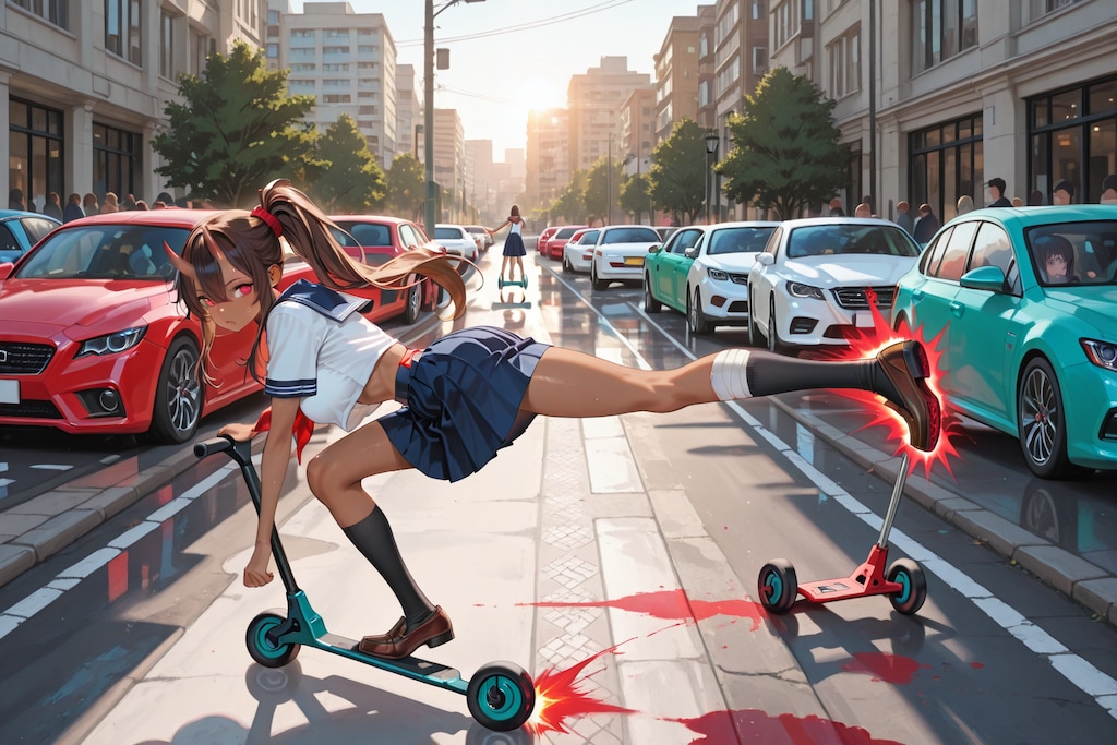 車社会でキックボードに乗って遊ぶ鬼の子
