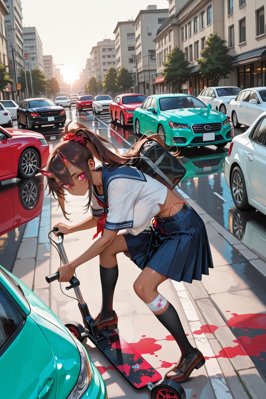 車社会でキックボードに乗って遊ぶ鬼の子