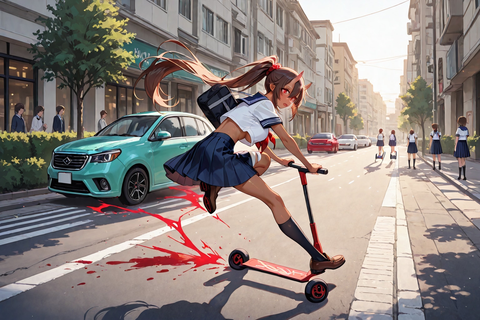車社会でキックボードに乗って遊ぶ鬼の子 | の人気AIイラスト・グラビア