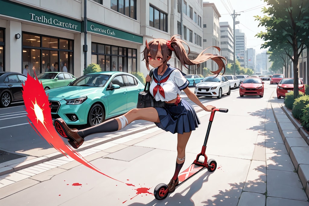 車社会でキックボードに乗って遊ぶ鬼の子