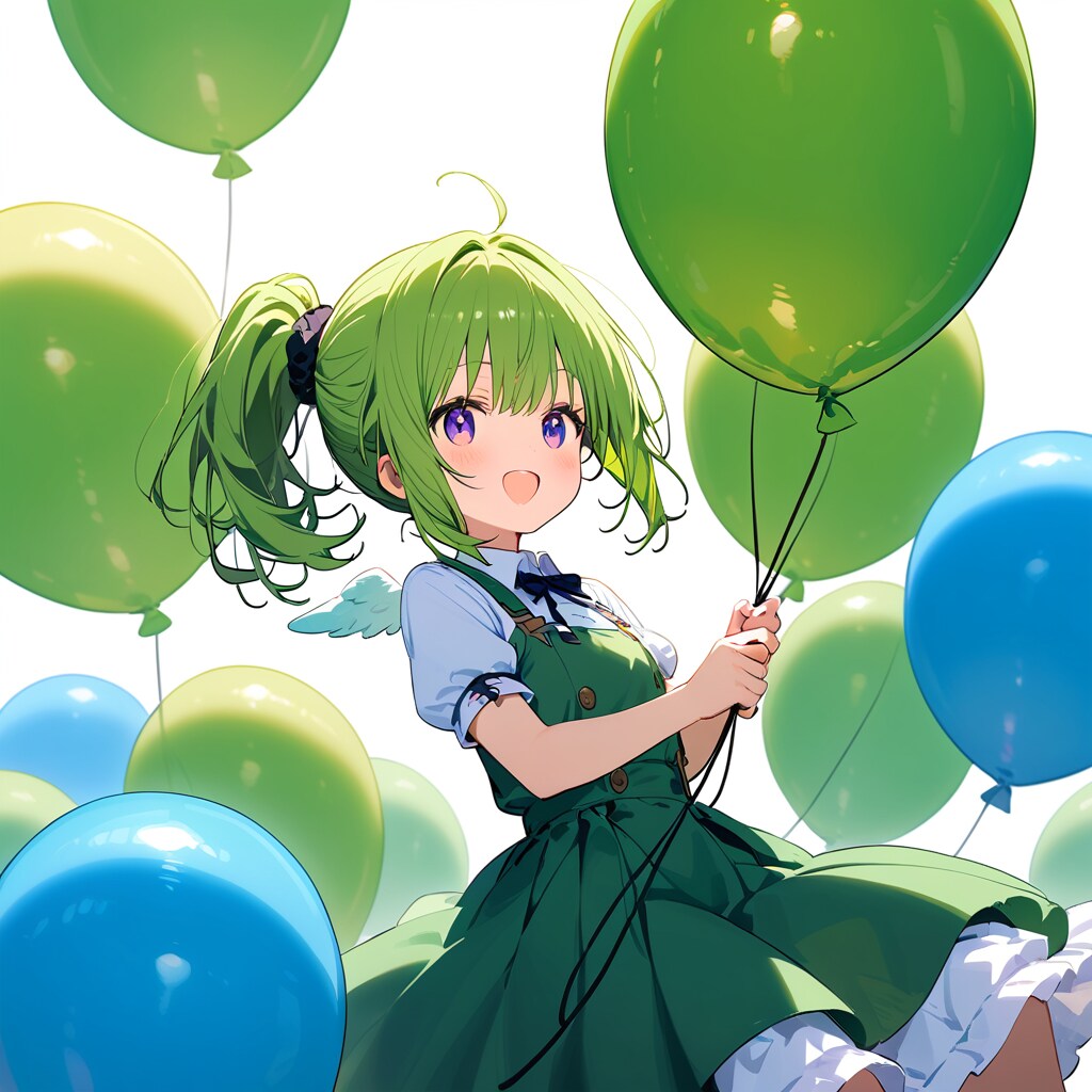 いっぱい緑色の風船を膨らませて遊ぶ緑髪ポニーテールの美少女。