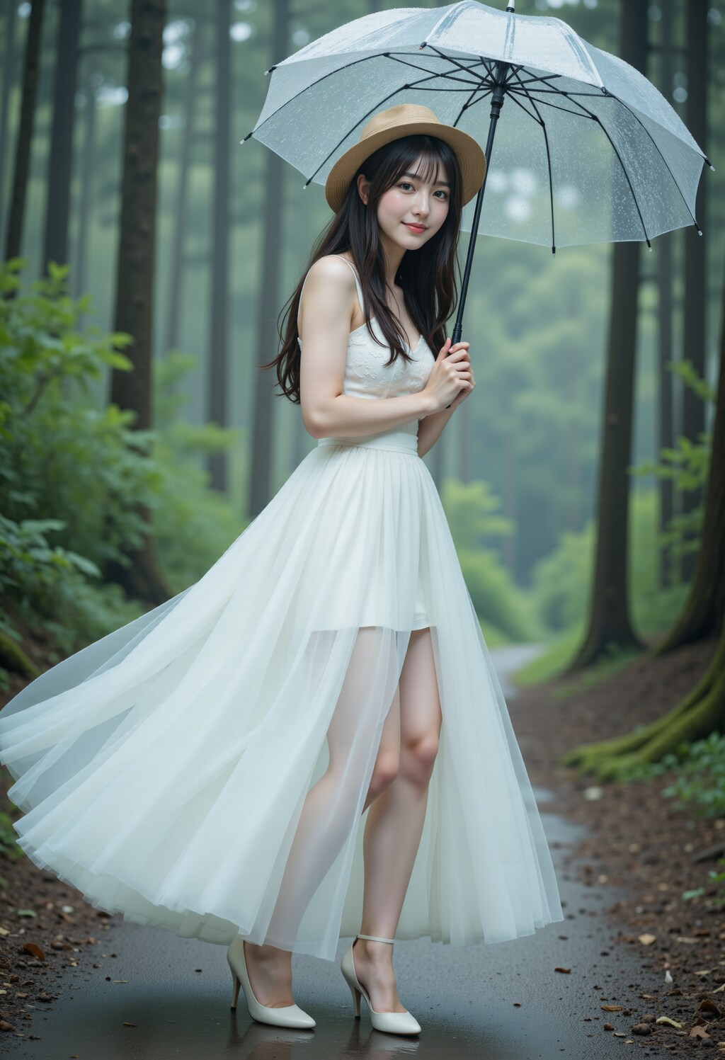 傘をさすドレスの女性