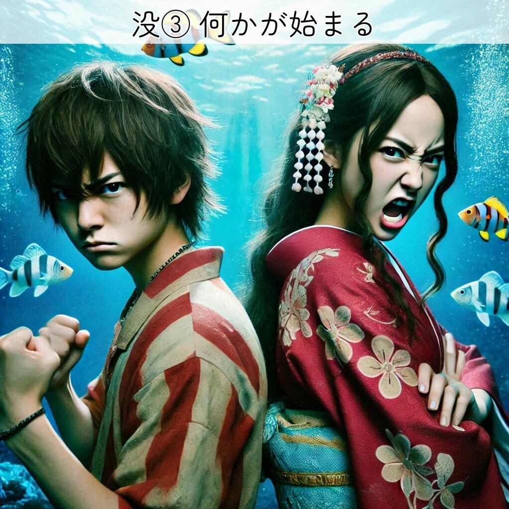 [空欄答え]海中世界で(ー)と(中の)人魚。