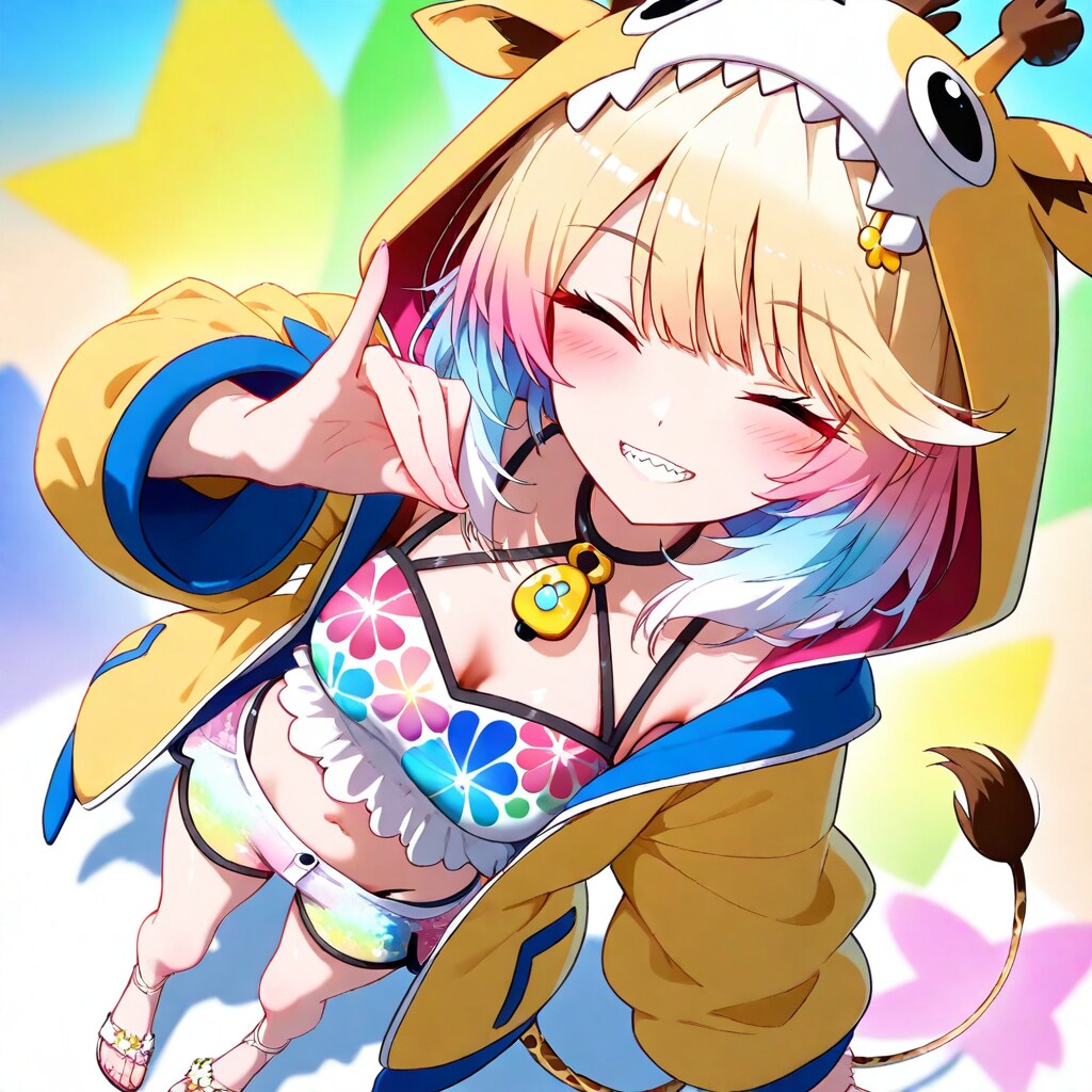 虹色カラフル背景のアニマル帽子ちびギャルちゃん